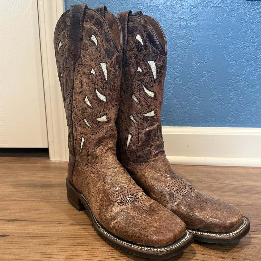 CIRCLE‎ G Women's Boots Square Toe Embroidered Brown Leather Rubber Sole 7 1/2 M